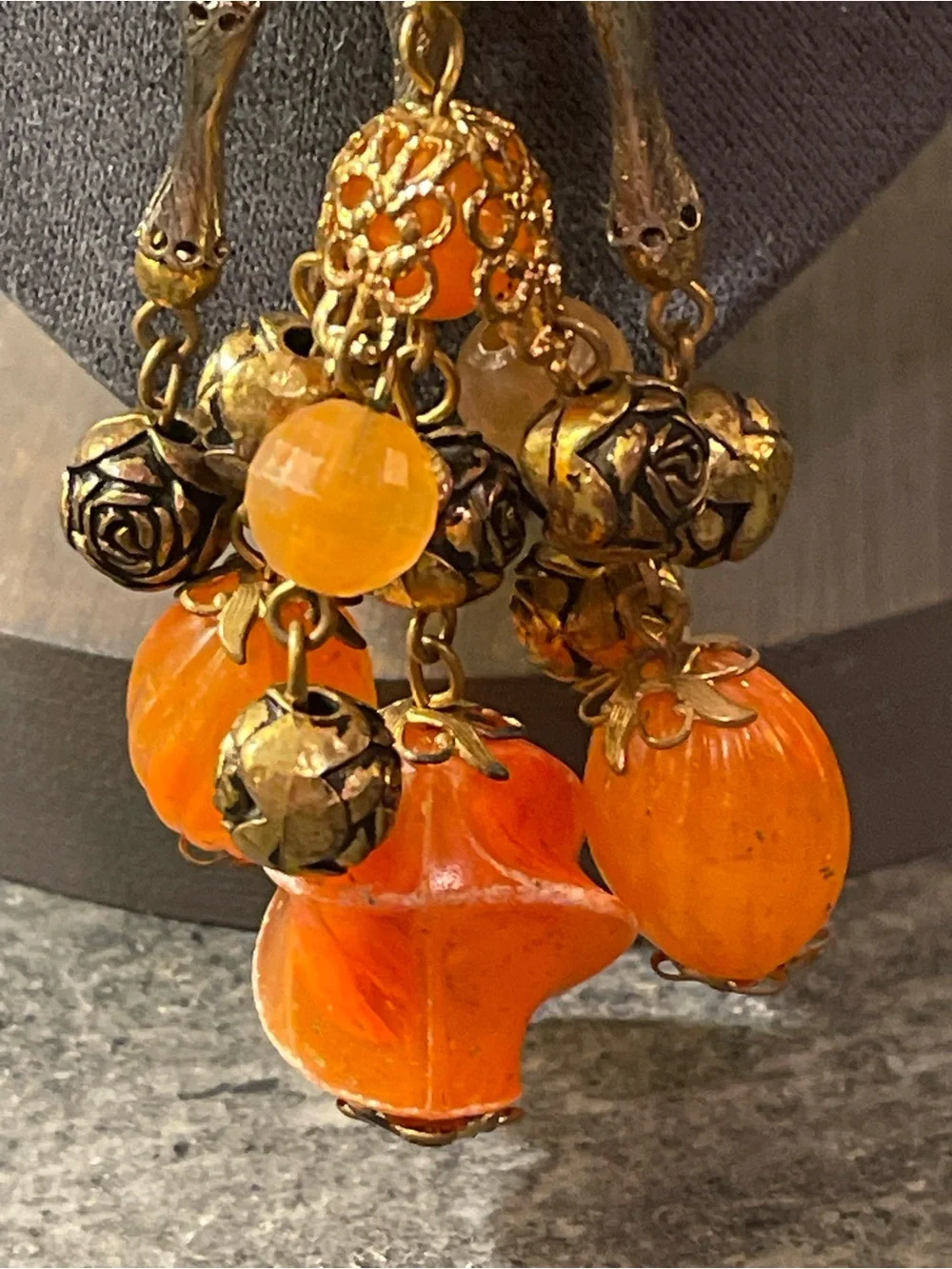 VTG‎ 1970s Orange Lucite & Brass Beaded Tassel Y Necklace Boho Statement Piece